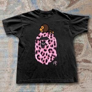 Bape Black & Leopard Print T-Shirt With A Small Bird Graphic